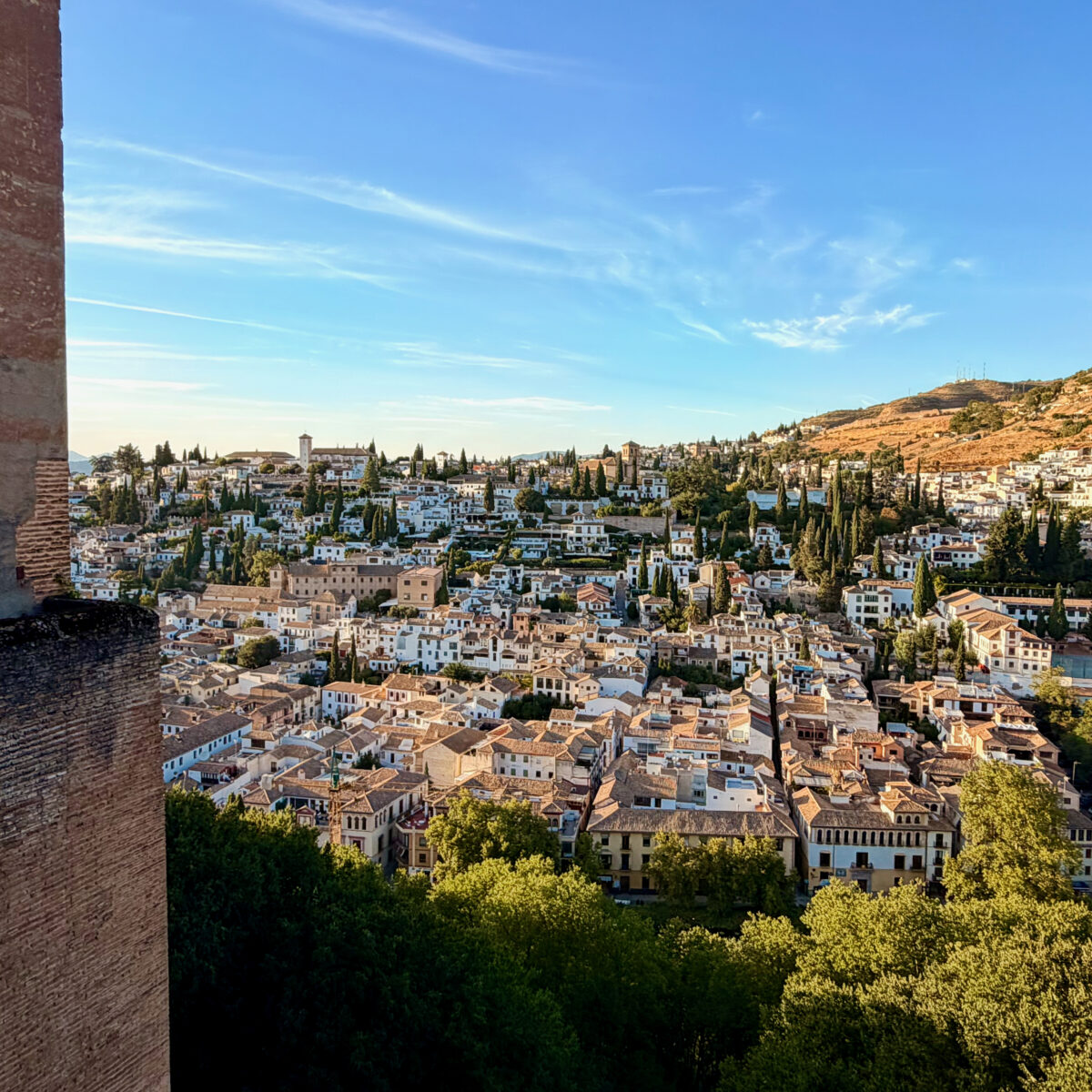 Urban hillside town with white buildings, red-tiled roofs, and tall cypress trees under a clear blue sky, viewed from a high vantage near a stone wall.