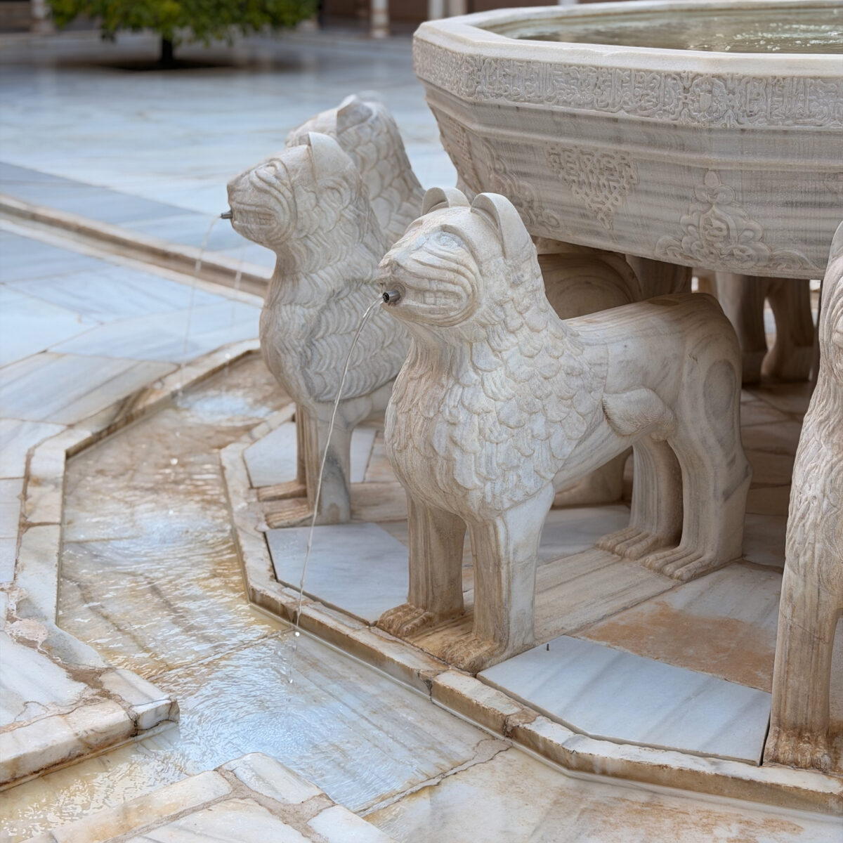 Stone fountain with carved animal figures (horse-like) supporting a large basined centerpiece; water flows from mouths into a marble pool.