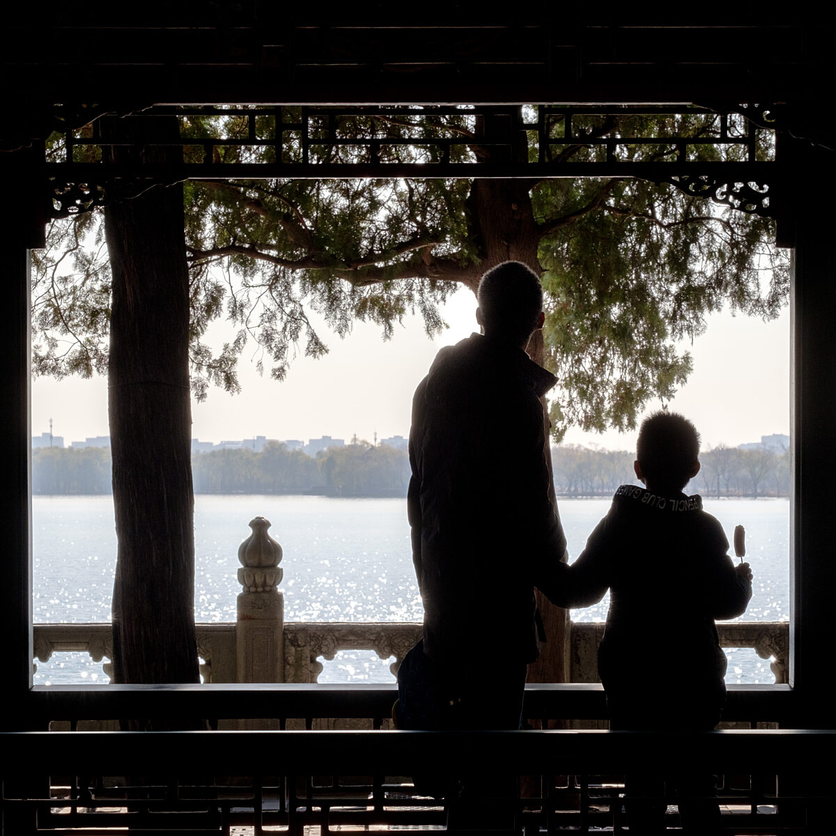 Two silhouetted people sit and stand at a pavilion overlooking a sparkling lake, with trees and distant buildings in the background.