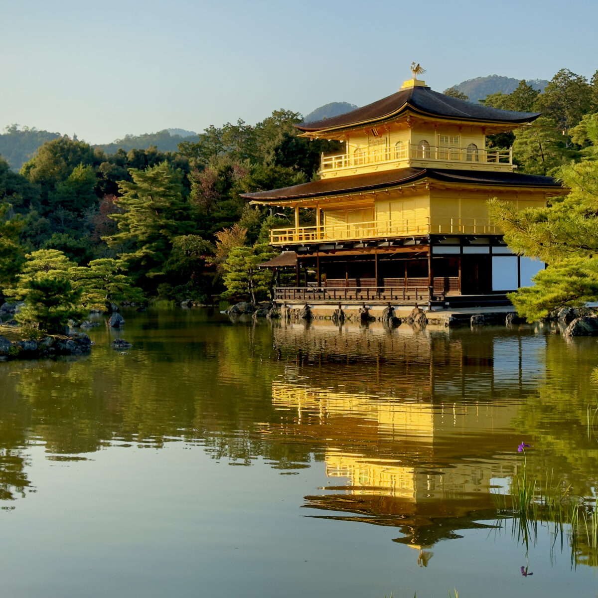 Golden pagoda temple on stilts by a calm pond, surrounded by green trees with a mountain backdrop.