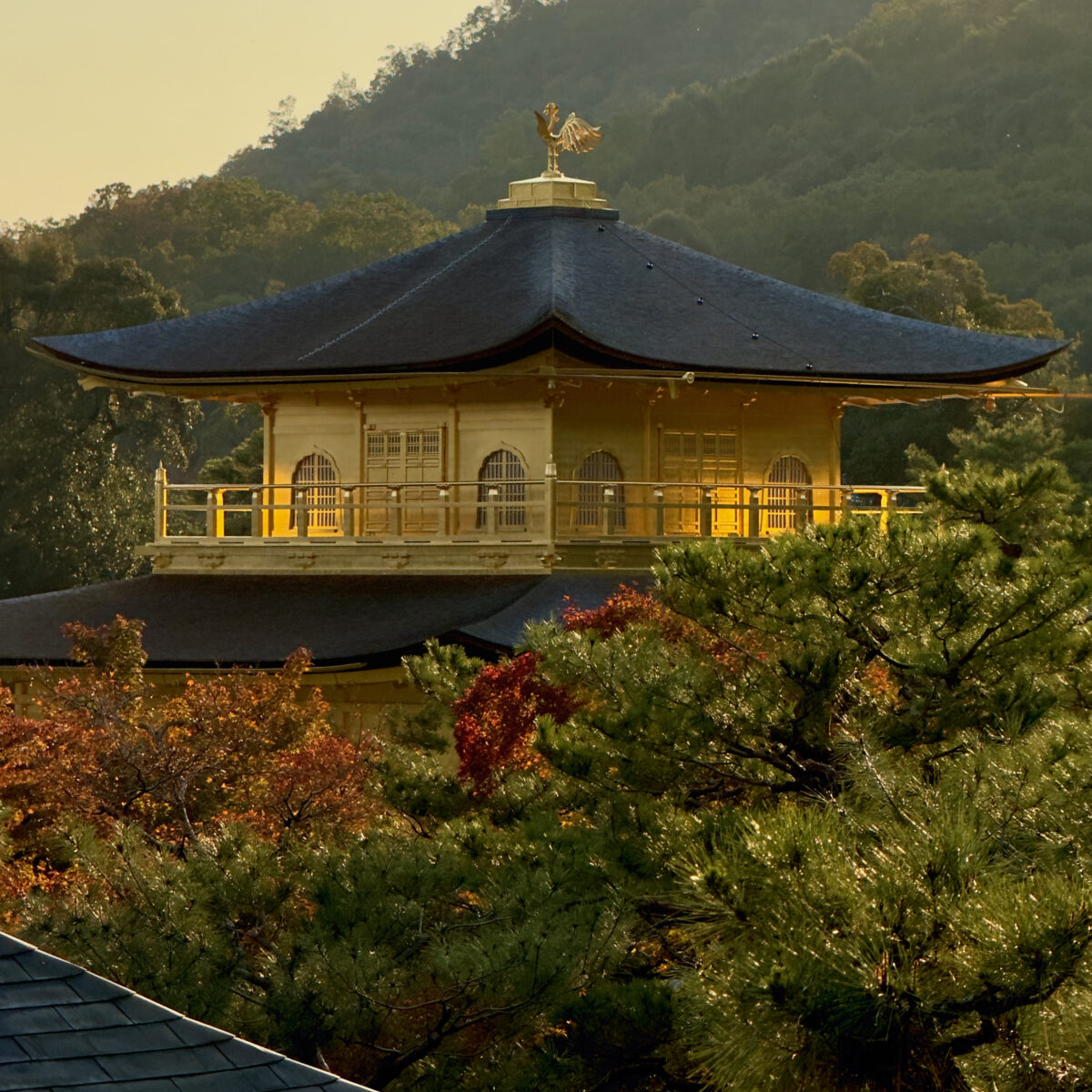 Golden temple pavilion with curved dark roof, balcony railing, and a rooster weather vane atop, set among green trees and distant hills.