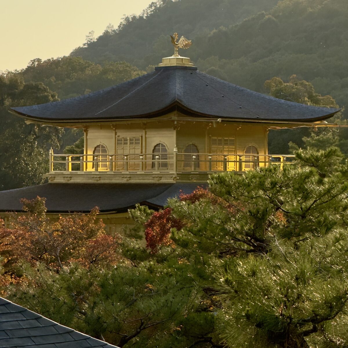 A traditional two-tiered wooden pagoda with a dark curved roof, gold finial statue atop, surrounded by trees and hills at sunset.