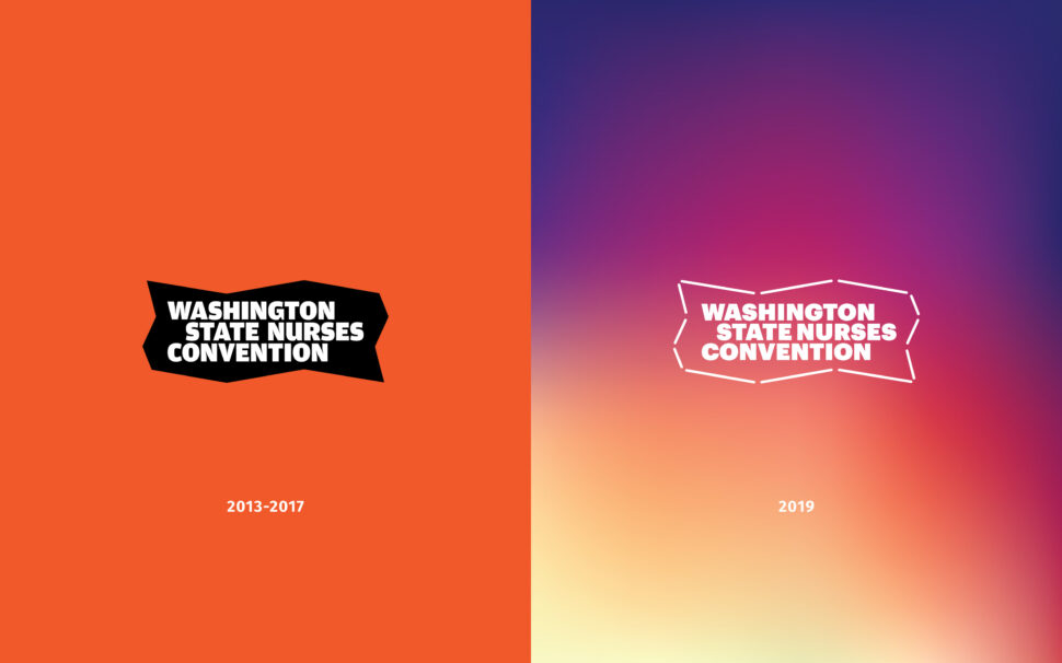 Split poster design: left half orange with a black irregular banner reading “WASHINGTON STATE NURSES CONVENTION” and year 2013-2017; right half gradient purple to peach with a white dashed banner and same text, year 2019.