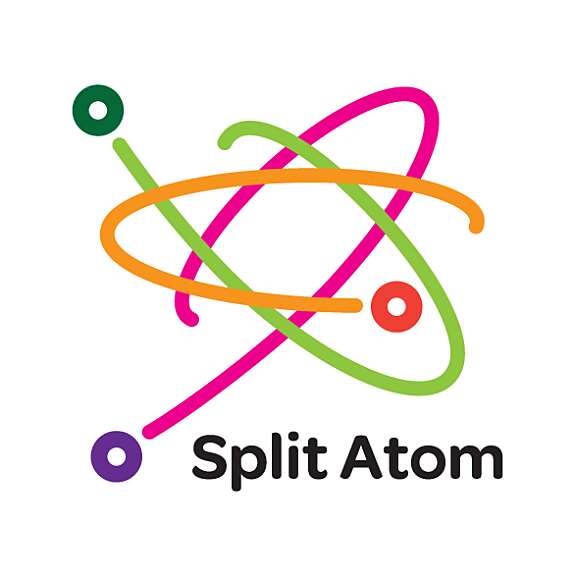 Three colored orbits and circular nodes orbiting a central structure above the words “Split Atom.”