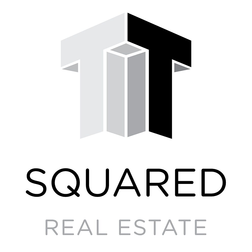 Logo for Squared Real Estate featuring a stylized 3D cubic shape in shades of gray and black above the word “SQUARED” with “REAL ESTATE” in lighter gray below.