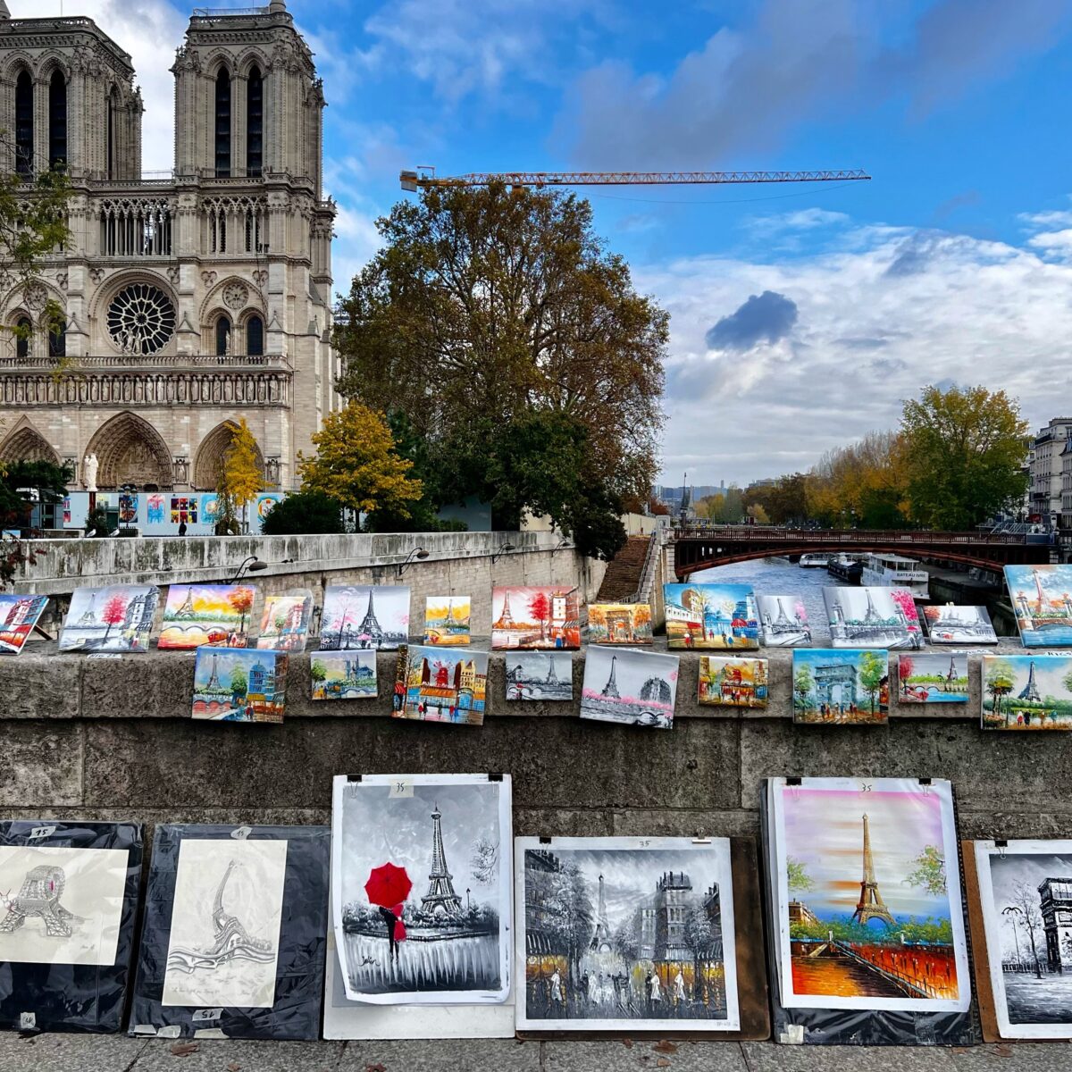 Colorful paintings lined along a stone wall with Notre-Dame cathedral and a river in the background, a crane visible in the sky.
