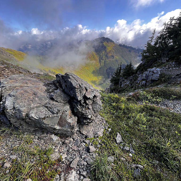 Jagged gray rocks and scattered alpine vegetation on a mountainside, with misty clouds over green valleys and distant forested slopes.