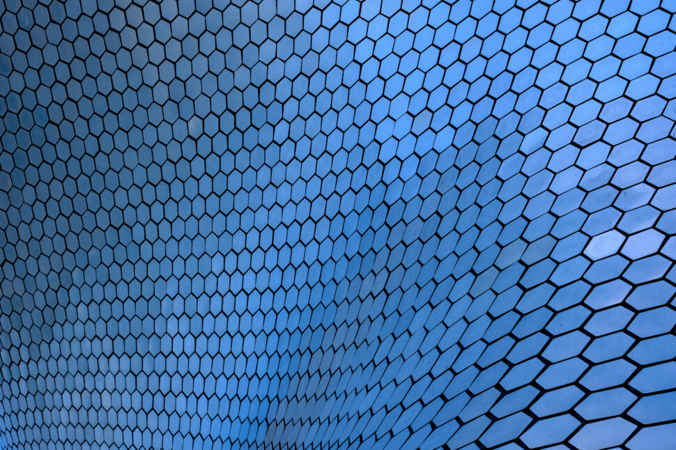 Curved blue tiled surface with a repeating hexagonal pattern outlined in dark lines.