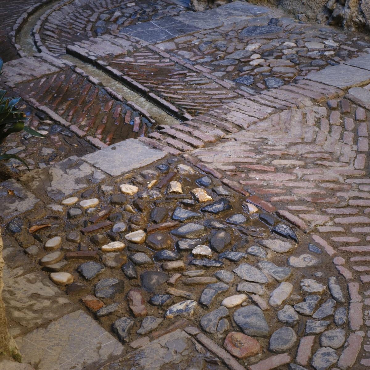 Cobblestone and brick paving with a curved stone step, irregularly arranged stones, and wet, glossy surfaces in earthy tones.