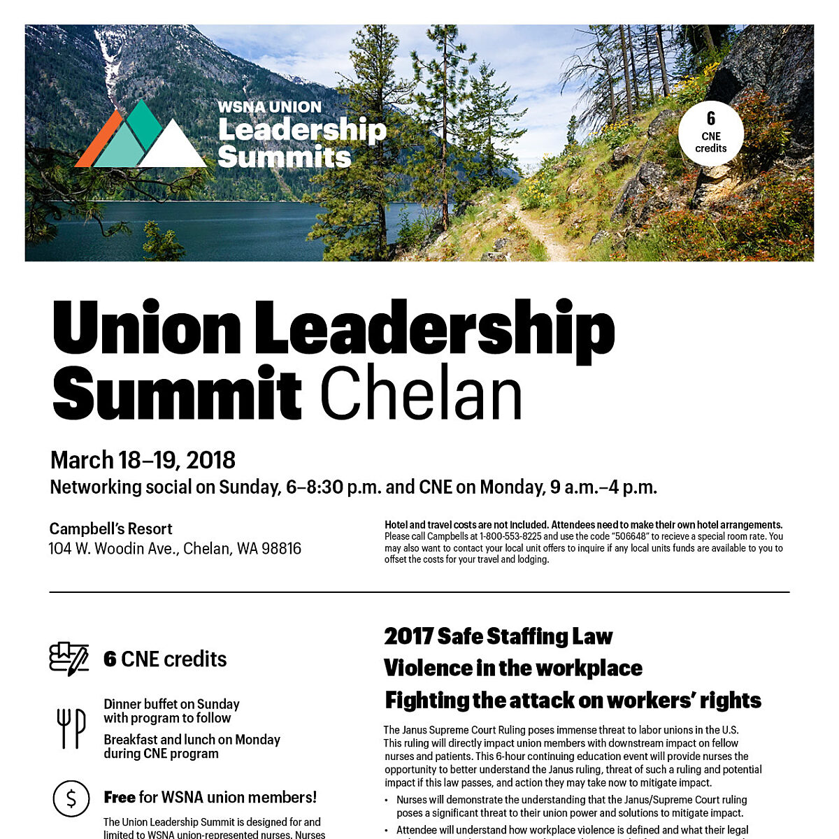 Banner image of a mountain lake scene with a rocky trail, trees, and a WSNA Leadership Summits logo.