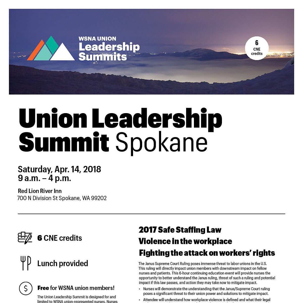 Large poster for Union Leadership Summit Spokane with WSNA colors, banner image, event details, icons for credits, lunch, and free attendance, and WSNA logo.
