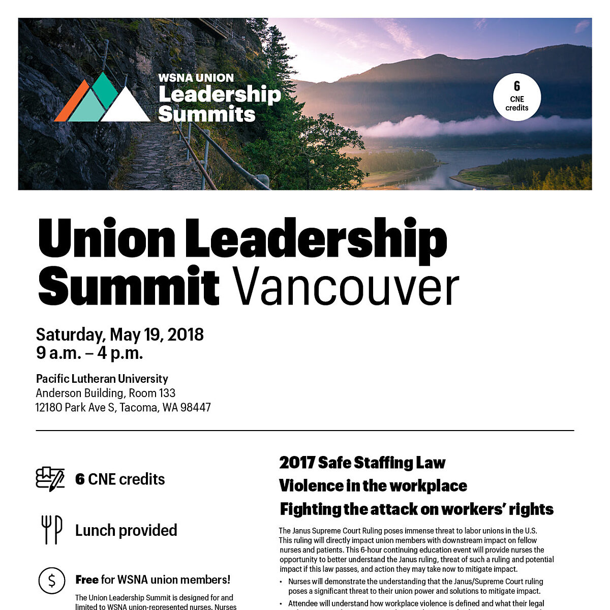 Banner image of a mountain landscape with a stone path, railing, and a lake at sunset featuring the WSNA Leadership Summits logo.