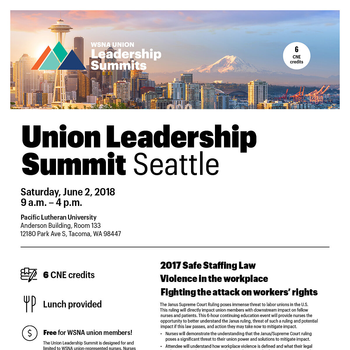 Banner image of Seattle skyline with Space Needle and mountains, WSNA Union Leadership Summit branding text.